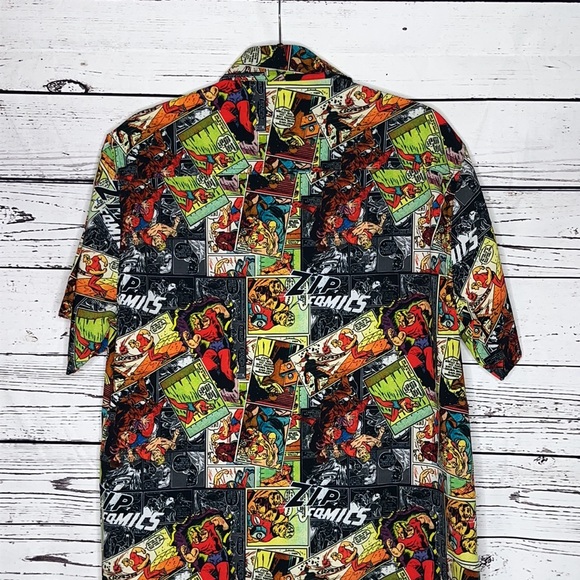Just Attitude Size L Zip Comic Strip Superhero Graphic Print Button Down Shirt - Picture 5 of 6